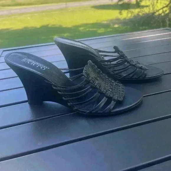 Franco Sarto Black Leather Strappy Boho Wedge Heels Size 8M - Picture 2 of 8